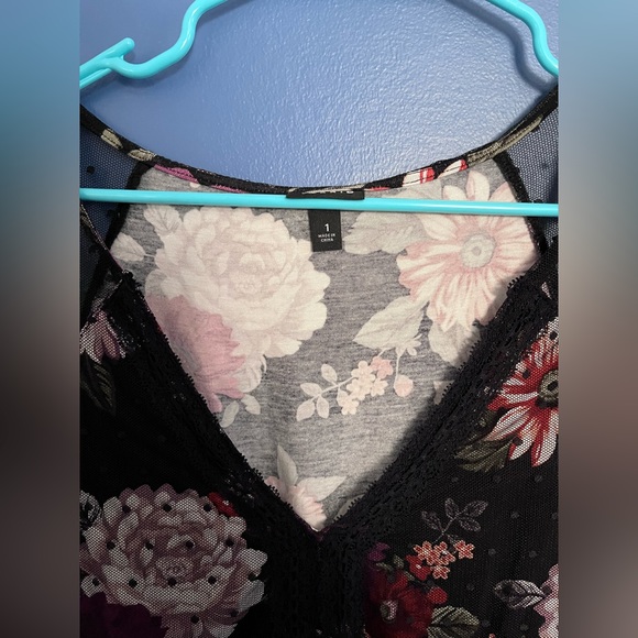 Torrid Black and Floral babydoll top with polka dot mesh overlay - plus size 1 - Picture 4 of 6